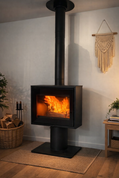 Installation d’un Poêle à bois HETA 95 sur pied avec création de conduit double paroi isolé POUJOULAT sur Eguilles